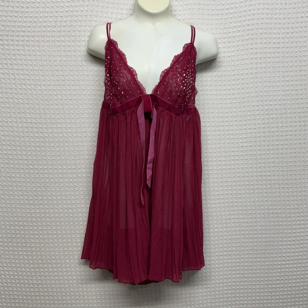 Victoria's Secret  Lace Babydoll Sleepwear‎ V-Neck Bow Rhinestone Pleated L